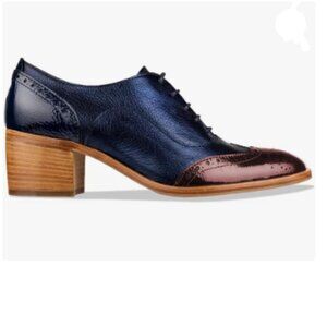 FOWT Blue Brown Perforated Lace-Up Oxfords Almond Toe Mid Chunky Heel Shoes